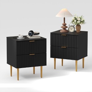 Modern Fluted Nightstand with Charging Station & 2 Drawers, Gold & Wood Bedside Table with USB Ports & Outlets, Small Side Table - 1 of 4