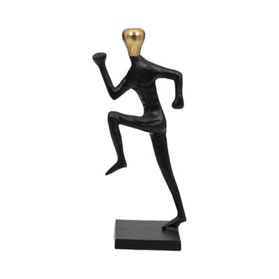 Modern Metal Taper Candle Holder - Decorative Running Man Design - Aluminum & Wood - Contemporary Home & Office Accent Decor - 15" Gold