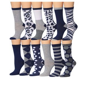 Tipi Toe Women's 12 Pairs Lightweight Blue And White Leopard Geometric Zebra Striped Patterned Crew Socks - 1 of 4