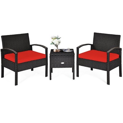 Tangkula 3-Piece Patio Wicker Storage Table & Chair Set Outdoor Conversation Set Red/Turquoise