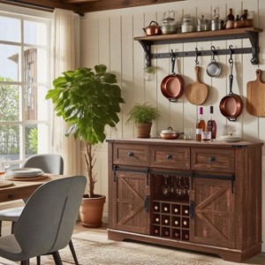 OKD 54" Wine Bar Cabinet w/Sliding Barn Door, Kitchen Coffee Bar Cabinet w/Wine & Glass Rack, 3 Drawers, Large Buffet Sideboard - 1 of 4