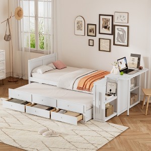 Twin Size Wood Platform Bed with Built-in Trundle, Desk and Storage Shelf - 1 of 4