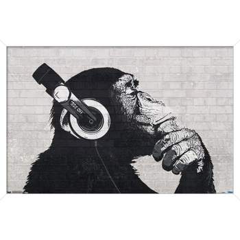 Trends International Chimp with Headphones on Wall Framed Wall Poster Prints