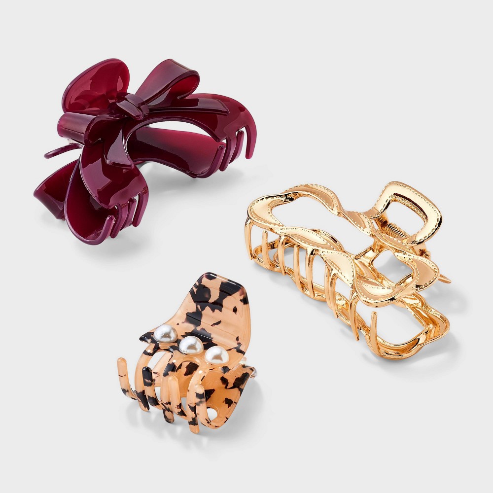 Variety Bow & Wavy Claw Hair Clip Set 3pc - A New Day™ Gold/Burgundy