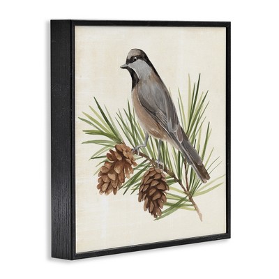 Bird on Pine Tree Canvas Print with Black Frame, 17" x 17"