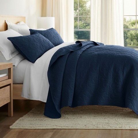 Becky Cameron Quilted Coverlet and Shams Set Damask Square Herringbone Pattern - Becky Cameron, Damask / Navy, King/California King