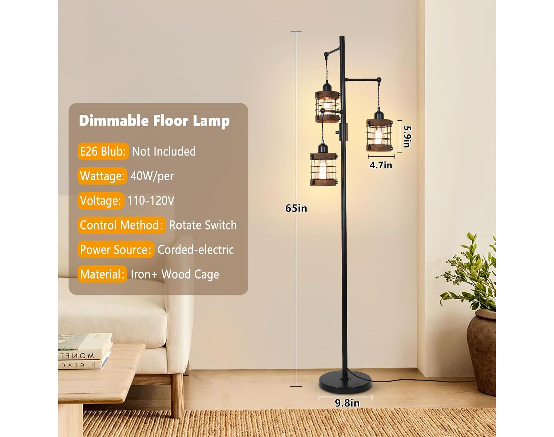 GDFStudio Andres Farmhouse Metal and Wood Dimmable Floor Lamps with 3-Light Design, Black/Brown