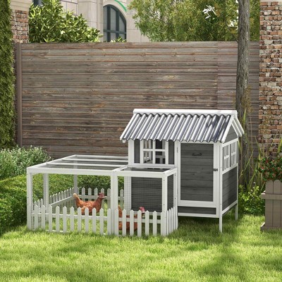 Gray and White Wooden Chicken Coop with Run and Nesting Box