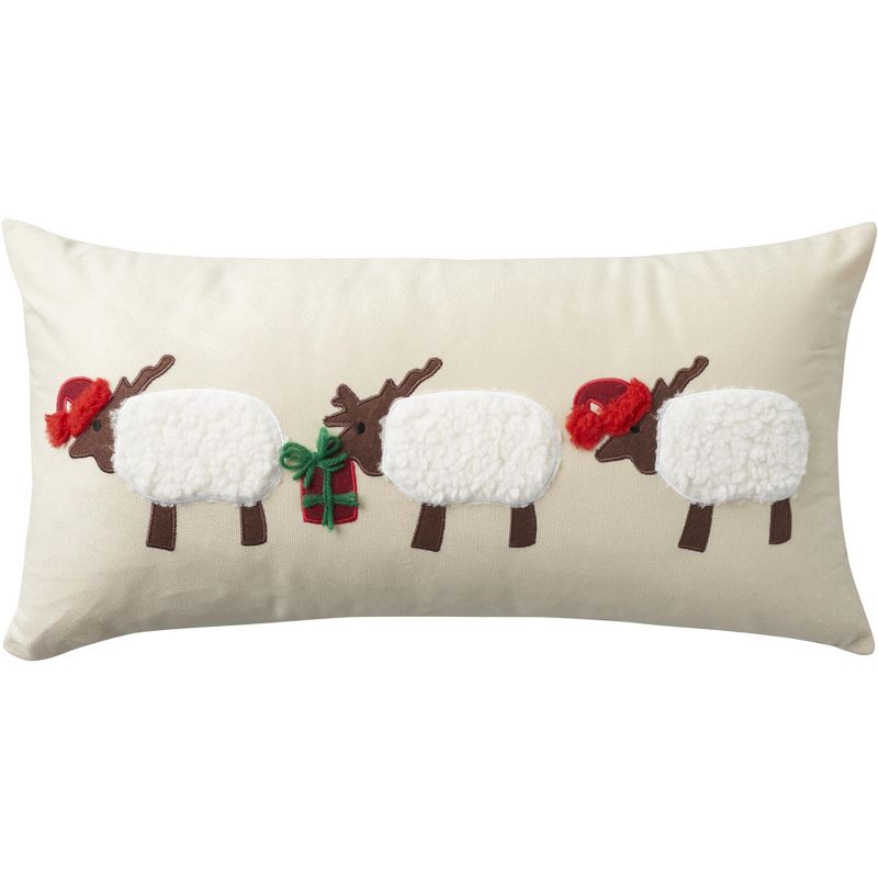 Mina Victory Holiday Applique Sheep 12" x 24" Beige Throw Pillow, 1 of 5