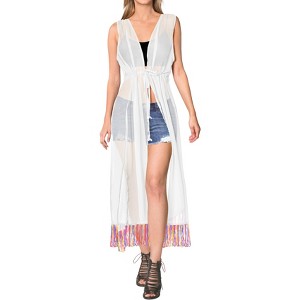 LA LEELA Women's Summer Open Front Oversized Vacation Beachwear Long Bathing Suit Duster Cardigan for Women Holiday Swimwear Coverups M-L White, Solid - 1 of 4