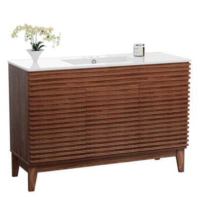 ROOMTEC 24 in. Bathroom Vanity with Ceramic Sink, Mid-Century Cabinet with 2 Soft-Close Doors, Freestanding, Wood Grain Laminate, Walnut
