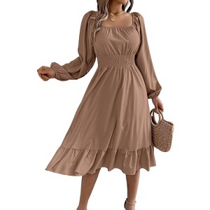 Women's Spring Summer Fall Long Sleeve Square Neck Smocked Waist Casual Vacation Tiered Flowy Midi Dress - 1 of 1