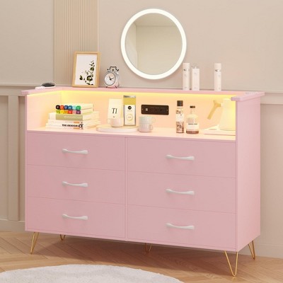 Dresser for Bedroom with LED Light & Charging Station, 6 Drawers Wooden Dressers