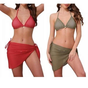 INSPIRE CHIC Women's 3-Piece Herringbone Halter Top Tie Side Triangle Bottom with Cover Up Skirt Bikini Suits 2 Sets - 1 of 4
