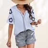 Anna-Kaci Women's Embroidered Short Sleeve Blouse with Floral Motif and Split V-Neck Detail for Casual Summer Style - 3 of 4