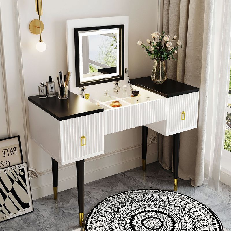 43.3" Modern Vanity Table Set with Flip-Up Mirror, LED Lights and Storage - ModernLuxe, 2 of 9