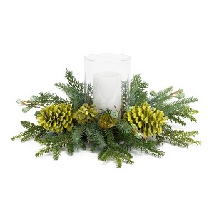 Mixed Winter Pine Candle Holder – 18"D Holiday Centerpiece with Pinecones & Glass Hurricane By Melrose - 1 of 3