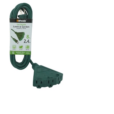 Woods 8' Outdoor Extension Cord with Power Block Green: 16 AWG, 3 Outlets, UL Listed, Outside Plug Extender