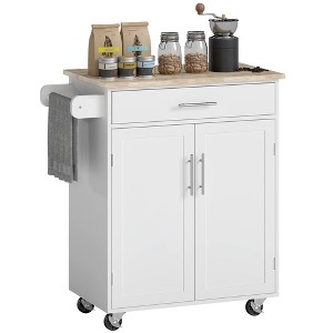 Aghana Digitals White Rolling Kitchen Cart with Rubberwood Top, Drawer, Adjustable Shelf Cabinet & - 1 of 4