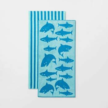 2pk Striped Sharks Beach Towels Aqua - Sun Squad™