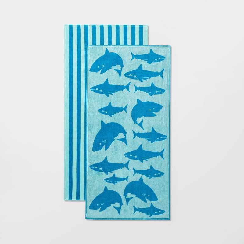 2pk Striped Sharks Beach Towels Aqua - Sun Squad&#8482;, 1 of 10