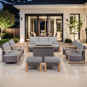 Buenhomino 8 Piece Patio Furniture Set with 41" Fire Pit Table Wicker Rattan Patio Sectional Sofa Set Outdoor Seating Furniture with Thickened Cushion - 1 of 4