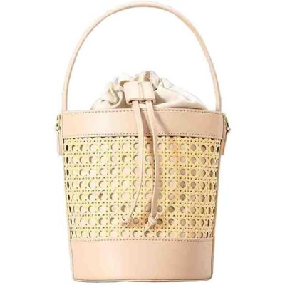 FATMOON Women Straw Rattan Bucket Bag, Hollowed Out Seaside Drawstring Handbag Purse, Leather Summer Beach Boho Shoulder Bag