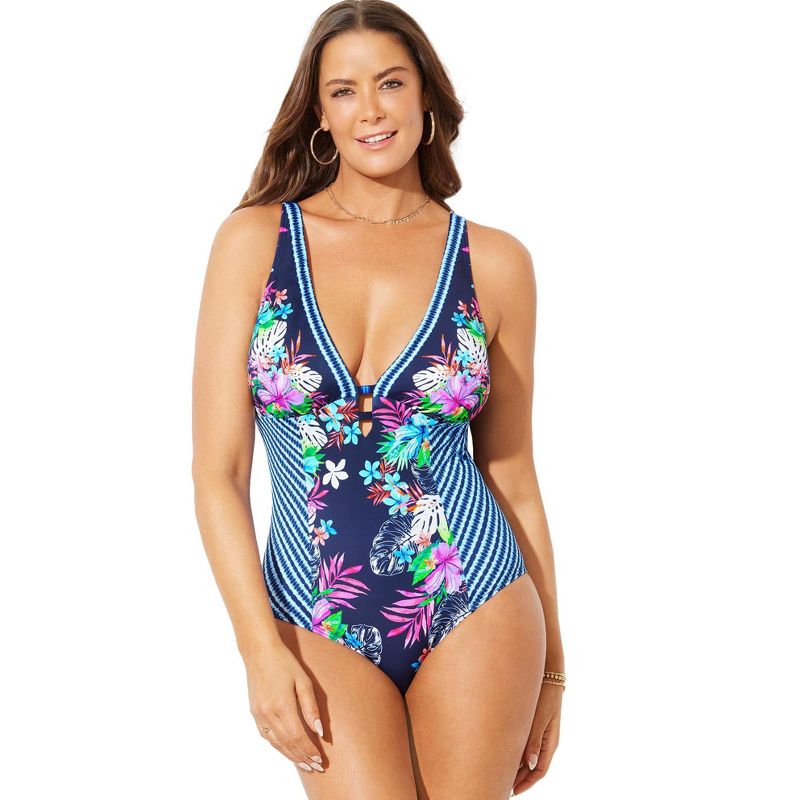 Swimsuits for All Women's Plus Size Deep V-Neck One Piece Swimsuit, 1 of 2