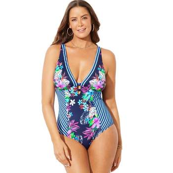 Swimsuits for All Women's Plus Size Deep V-Neck One Piece Swimsuit