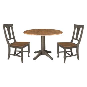42" Round Dual Drop Leaf Dining Table with 2 Panel Back Chairs Hickory/Washed Coal - International Concepts