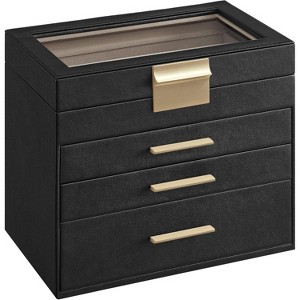 Glass Lid Jewelry Box 3 Layers 2 Drawers Modern White and Gold Finish Storage Organizer Display Case - 1 of 4