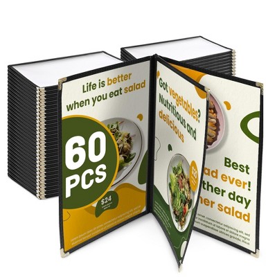 WeChef 60 Pack Restaurant Menu Covers 8.5 x 14" Book Style 3 Pages 6 Views Black