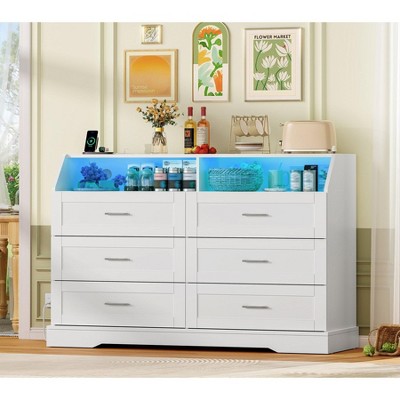 USIKEY White Dresser for Bedroom, 6 Drawer Dresser with Charging Station & LED Lights, Dressers & Chests of Drawers, Dresser TV Stand for Bedroom