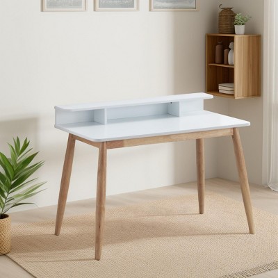INFURNIC Desks Mid Century Modern Wood Writing Desk with Hutch and Open Pigeonholes for Storage, White, 43"*23.6"*34.4"