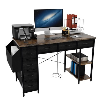 Sapphtopaz 47" Computer Desk with 7 Fabric Drawers and Large Side Pocket Office Desk with Power Outlet Reversible Desk for Bedroom, Home Office