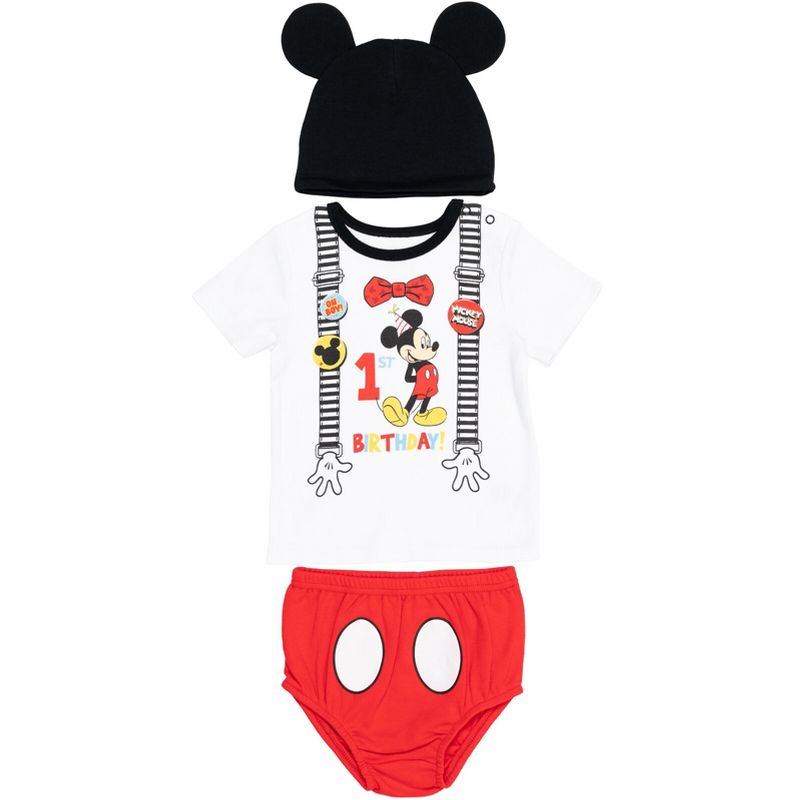 Disney Mickey Mouse 1st Birthday Cosplay Graphic T-Shirt Diaper Cover and Hat 3 Piece Outfit Set White/Red , 2 of 7