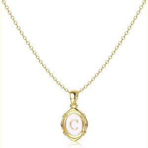 14K Gold Plated Oval Initial Necklace White Enamel Personalized Jewelry - 1 of 4