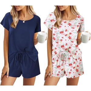 Ekouaer 2 Pack Womens Pajama Sets Short Sleeve Sleepwear Soft Crew Neck Pj Shorts Set Printed Loungewear Set - 1 of 4