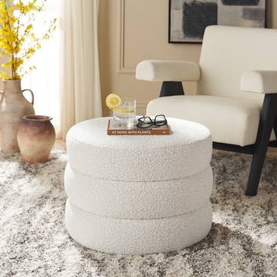 Light Beige Tufted Round Boucle Ottoman