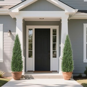 2 Pack Realistic Faux Artificial Cedar Topiary Trees Outdoor with Potted Plants for Porch, Patio, Wedding Decor - Realistic Faux Evergreen Shrubs - 1 of 4