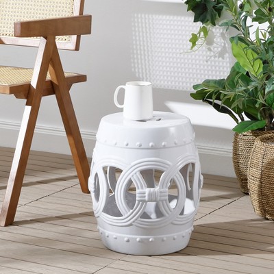 White Ceramic Drum Garden Stool with Lucky Coin Symbols, 16"
