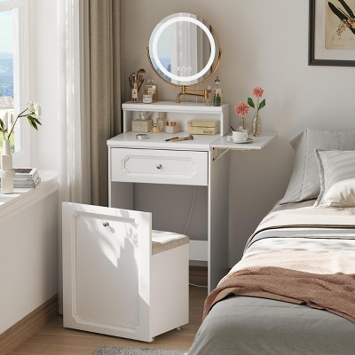 CAVINAS Vanity Desk with Plip Top Mirror, Charging Station & Hidden Stool for Apartment, Bedroom