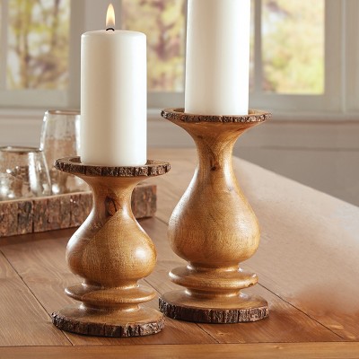 Rustic Mango Wood Pillar Candle Holder with Bark Edge