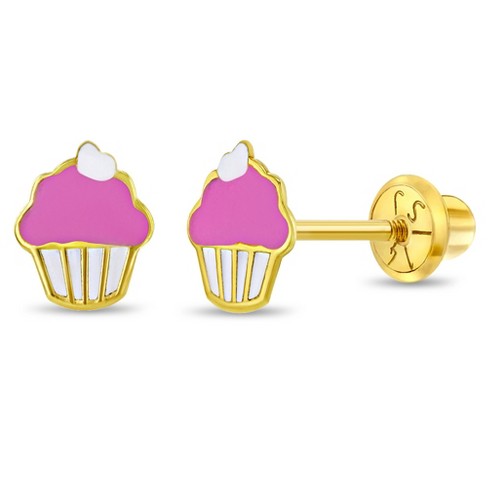 Girls' Frosted Cupcake Screw Back 14K Gold Earrings - in Season Jewelry