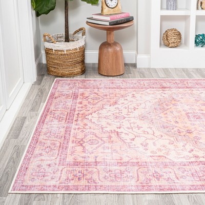 Alacati Red and Cream Medallion Washable Area Rug