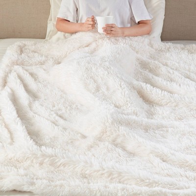 Ivory Faux Fur and Velvet Reversible Throw Blanket 50x60"
