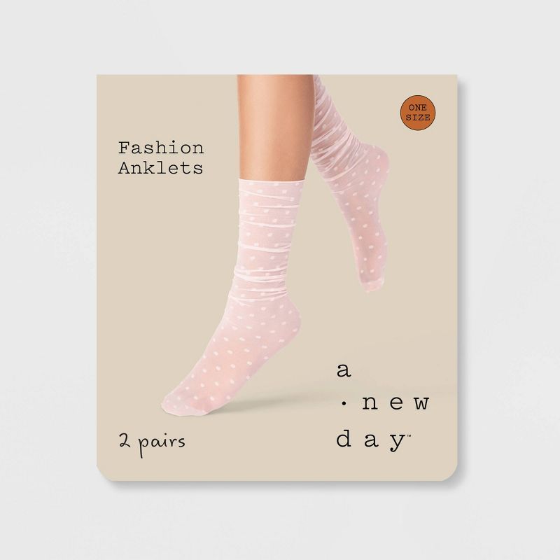 Women&#39;s 2pk Basic Sheer &#38; Polka Dot Slouch Anklet Socks - A New Day&#8482; Black/Pink 4-10, 4 of 5