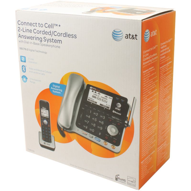 AT&T® DECT 6.0 2-Line 2-Handset Connect to Cell™ Corded Cordless Bluetooth® Phone System with Digital Answering System and Caller ID, Silver and Black, 5 of 9