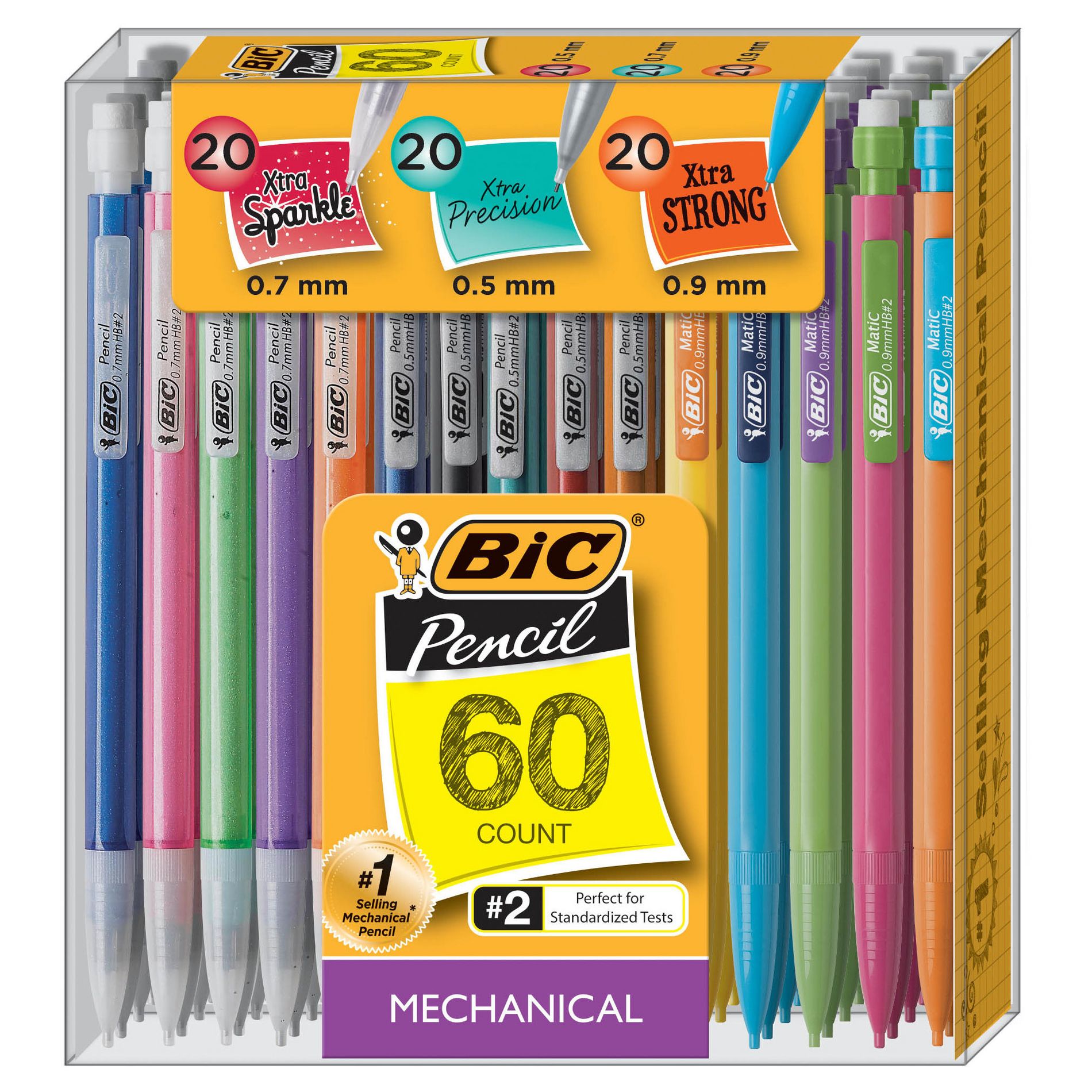 BIC Mechanical #2 Pencil Variety Pack 60ct: School Supplies, 0.7mm, 0.5mm, 0.9mm, Plastic, Pocket Clip, Kids 5+