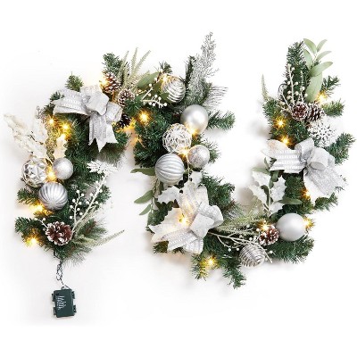 6 Ft Pre-Lit Christmas Garland, Artificial Garland with 20 Lights, Balls, Bows, Pine Cones for Mantel Table Centerpiece Indoor Outdoor Decor, Silver